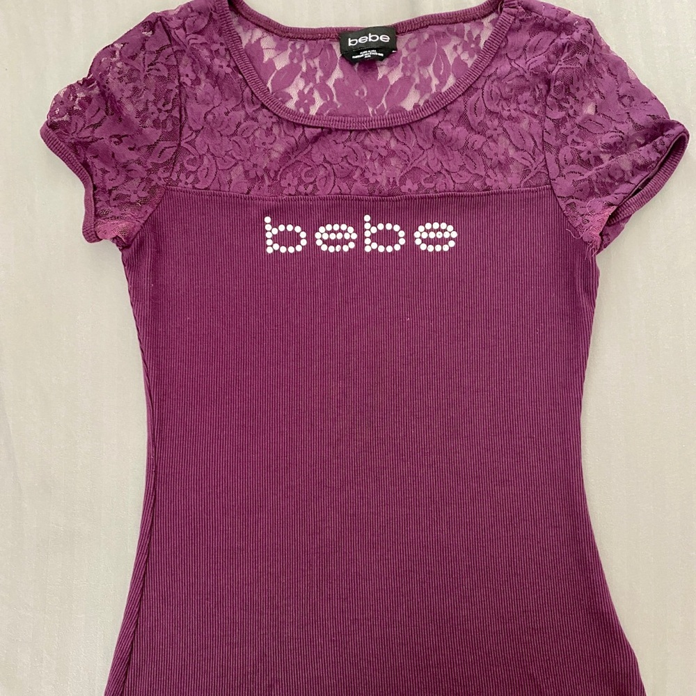 Women’s Bebe rhinestone lace logo top